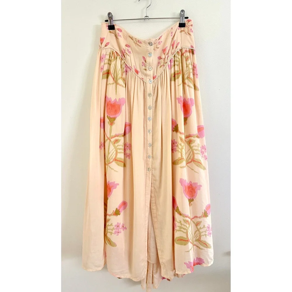 Free People Easy to Love Matching Set Cream Pink Floral Crop Top Skirt Medium